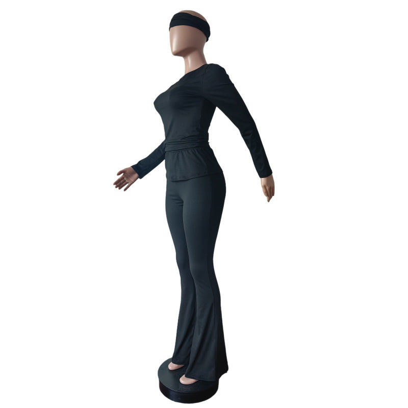 Tight Fitting Solid Color Sexy Slim Elastic Band Turban Two Piece Pants Set 19