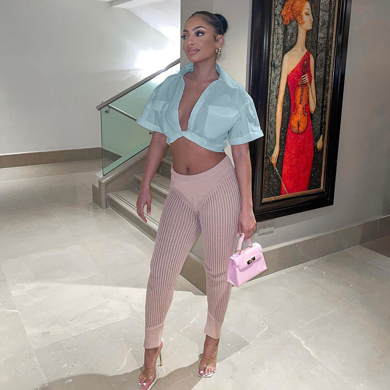 WomenSexy Knot Solid Polo Collar Crop Shirt 10