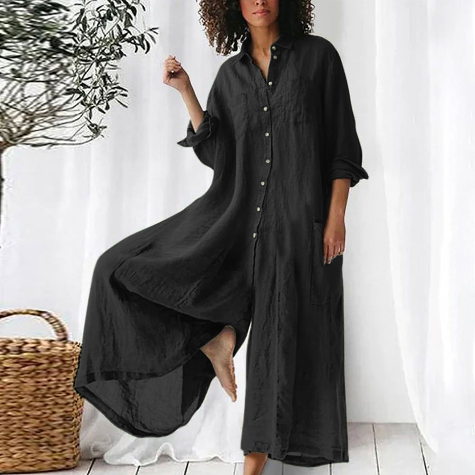 Solid color Casual long sleeve loose Women Linen Jumpsuit 9