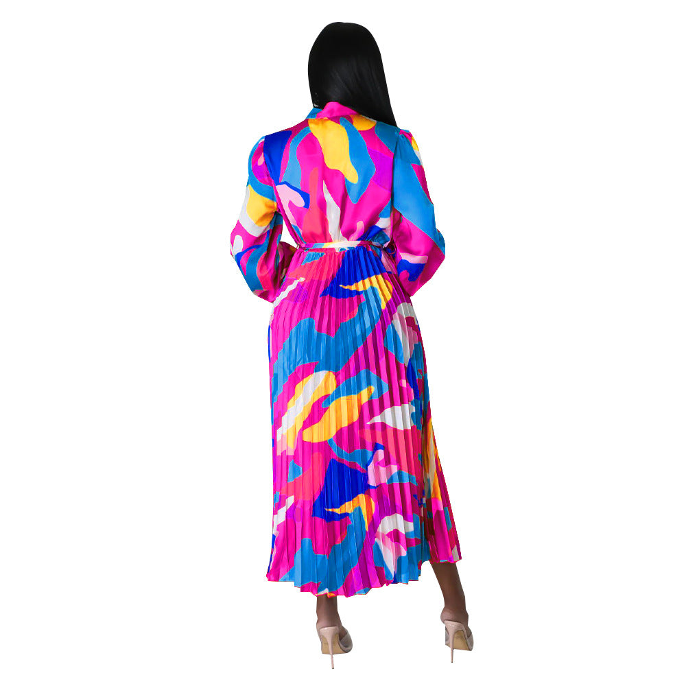 Women's Tie Long Sleeve Printed Pleated Dress 31