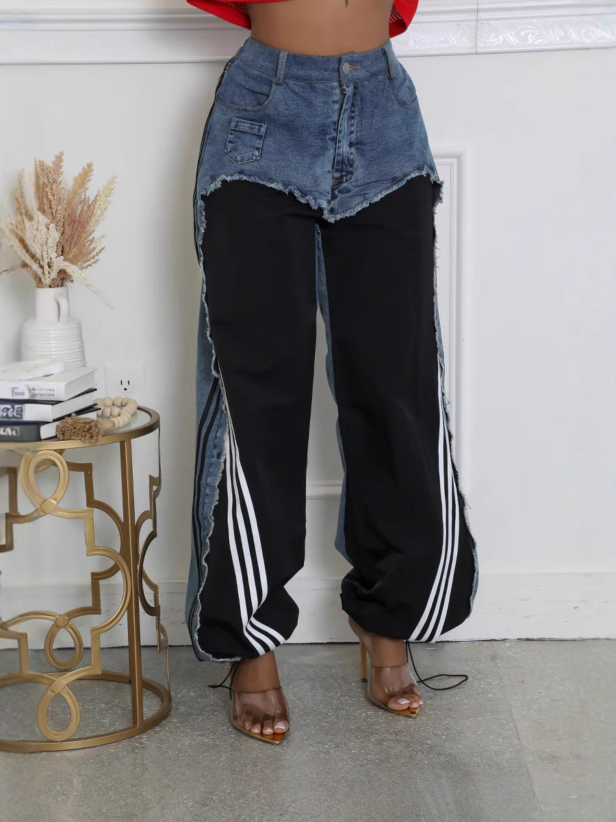 Women’s Streetwear Denim Patchwork Striped Drawstring Pants