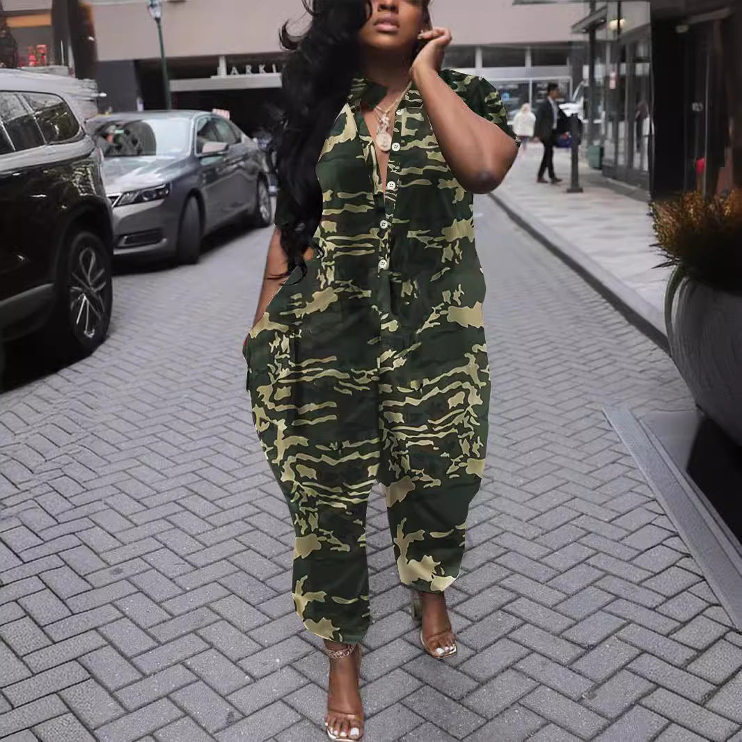 Women Turndown Collar Loose Irregular Print Jumpsuit 6