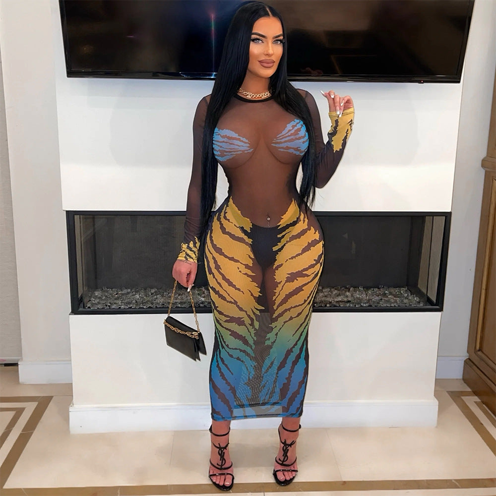 Women Fashion Round Neck See-Through Print Mesh Dress 5