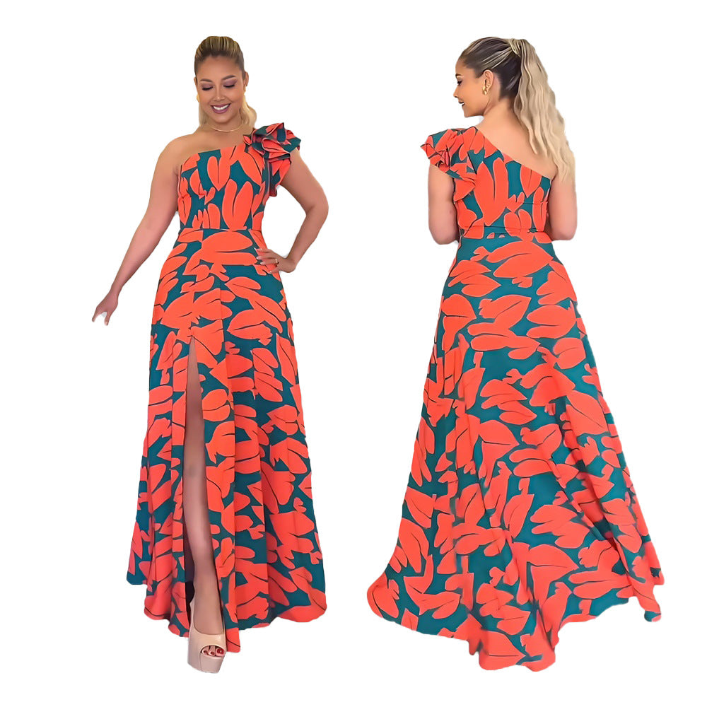Spring Summer One Shoulder Low Back Chic Printed High Waist Long Dress