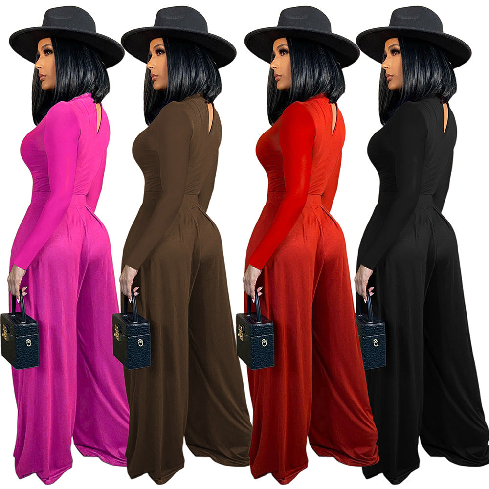 Women'S Fashion Solid Color Long Sleeve Top Wide Leg Pants Two Piece Set 12