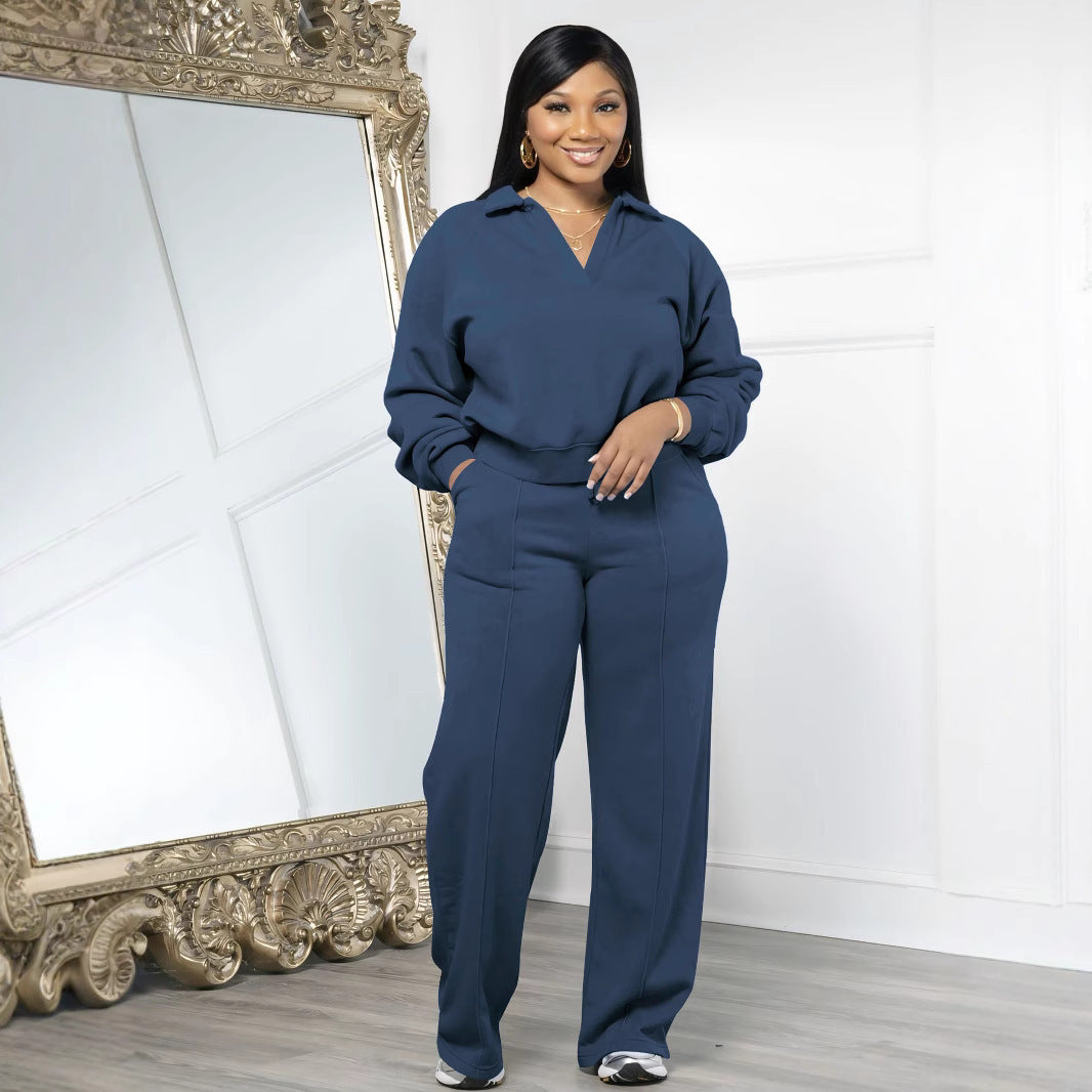 Women Fall and Winter Solid V-Neck Long Sleeve Top and Pant Casual Two-Piece Set 10