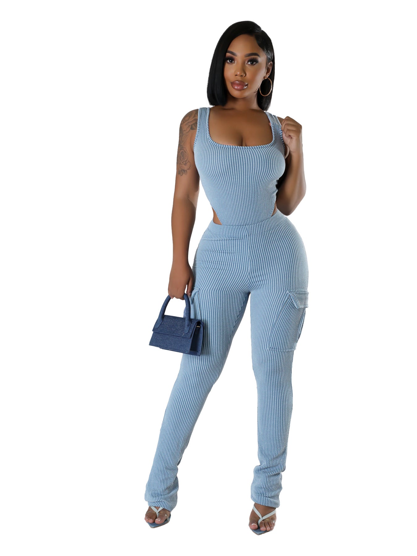 Women Casual Elastic Bodysuit and Pants Two-piece Set 8
