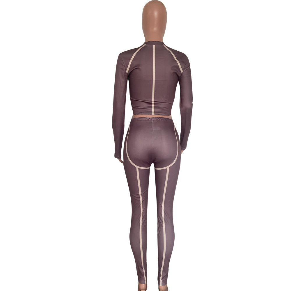 Women's Fashionable brown sexy tight fitting long sleeve Top and pants two-piece set 5