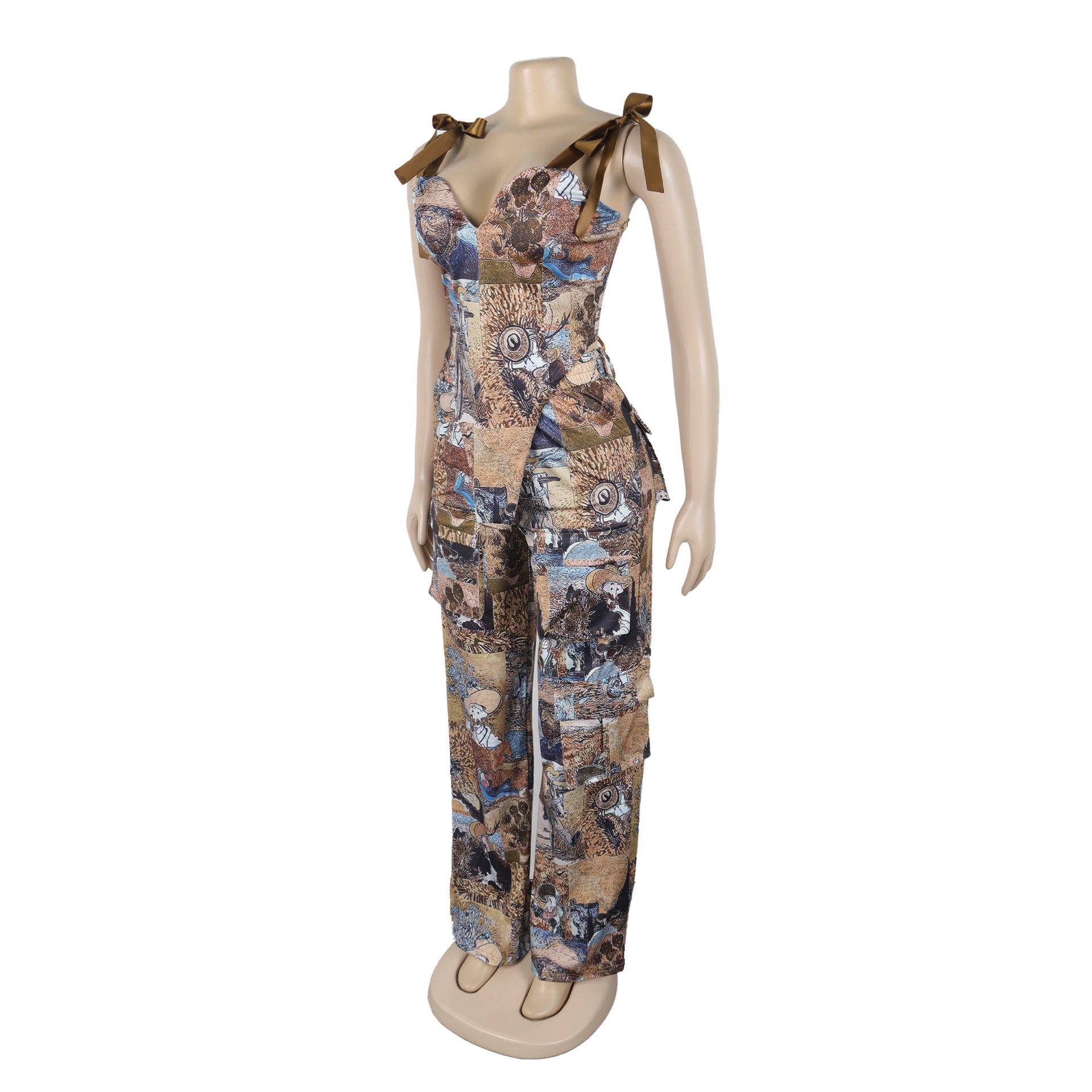 Printed Lace-Up Drawstring Multi-Pocket Two Piece Pants Set 21