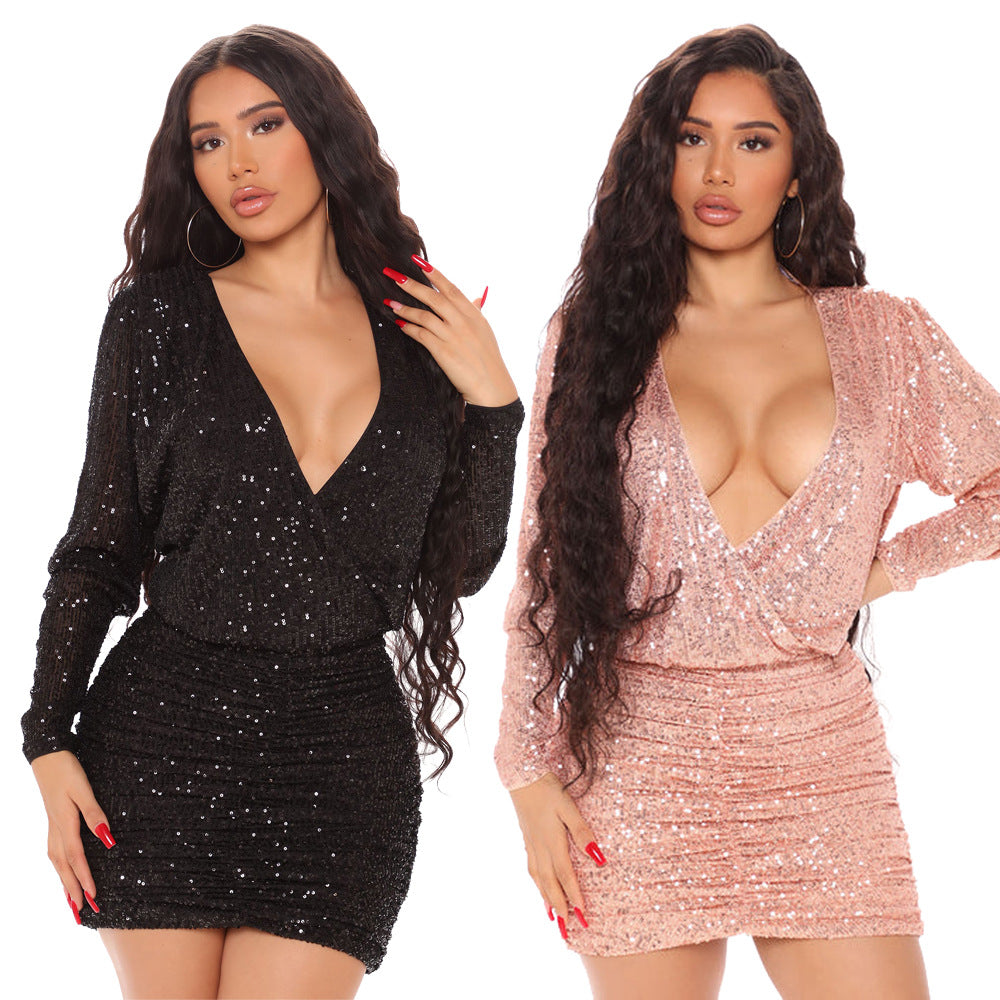 Women Sexy Sequin Long Sleeve Deep V Mini Bodycon Dress
