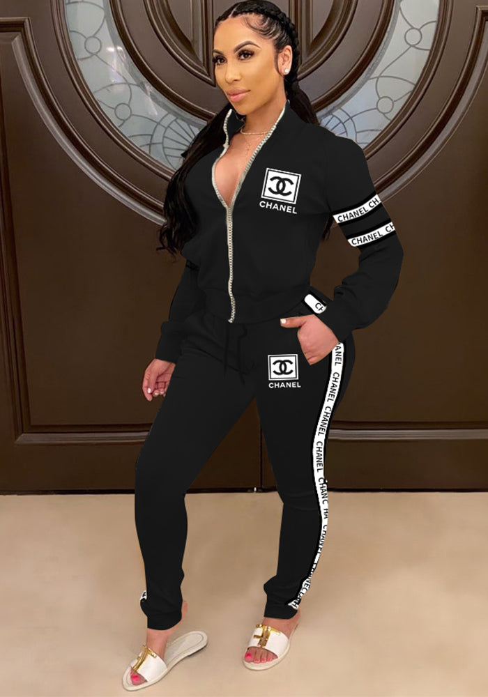 Women's Winter Chic Trendy Print Pants Long Sleeve Zipper Coat Set