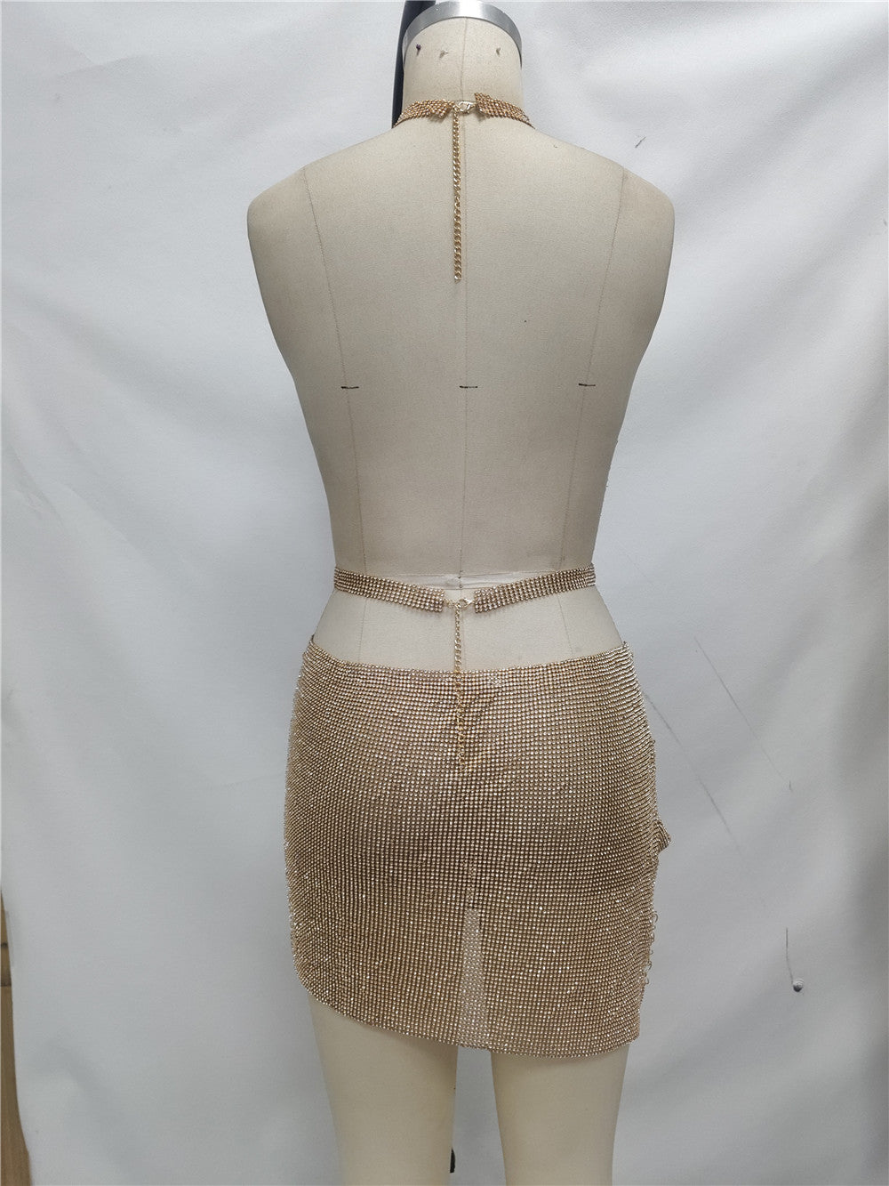 Metal Rhinestone Sexy Sequins Low Back Chain Halter Neck Women's Skirt Set 6