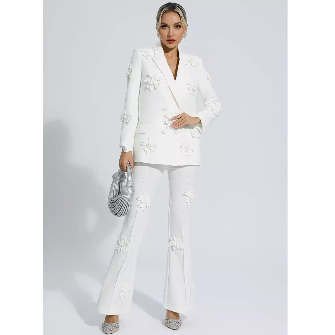 Autumn Women's Fashion Chic Career Turndown Collar Jacket + Pants Floral Set 6