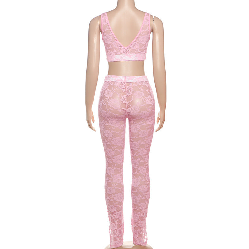 Women Summer Sexy Wrap Patchwork Lace Suspender Crop Top and Pants Two Piece Set 7