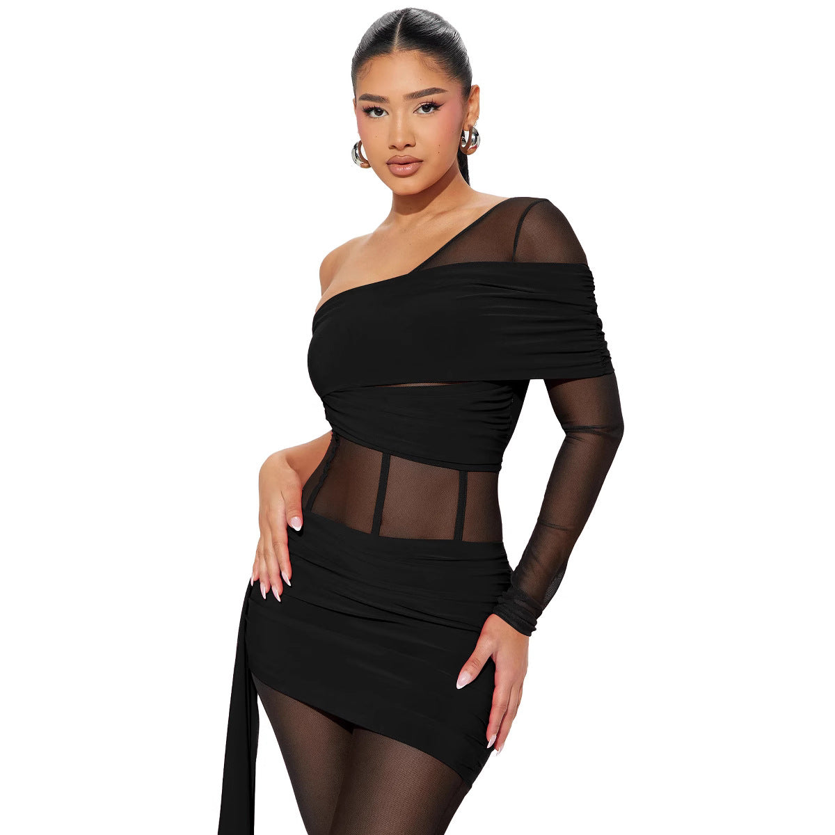Fashion Slim Fit Sexy Solid Color Slim Waist One-Shoulder Long Sleeve Patchwork Jumpsuit 7
