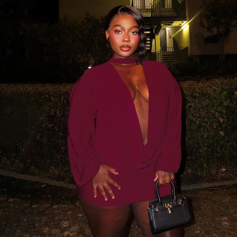 Women Fall Solid Casual V-Neck Long-Sleeved Top and Mini Skirt Two-Piece Set 29