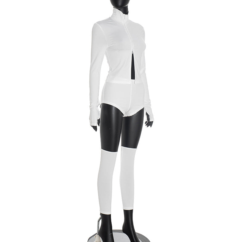 Women Autumn/Winter Stand Collar Zippered Top Shorts with Three-Piece Knee Pads 6