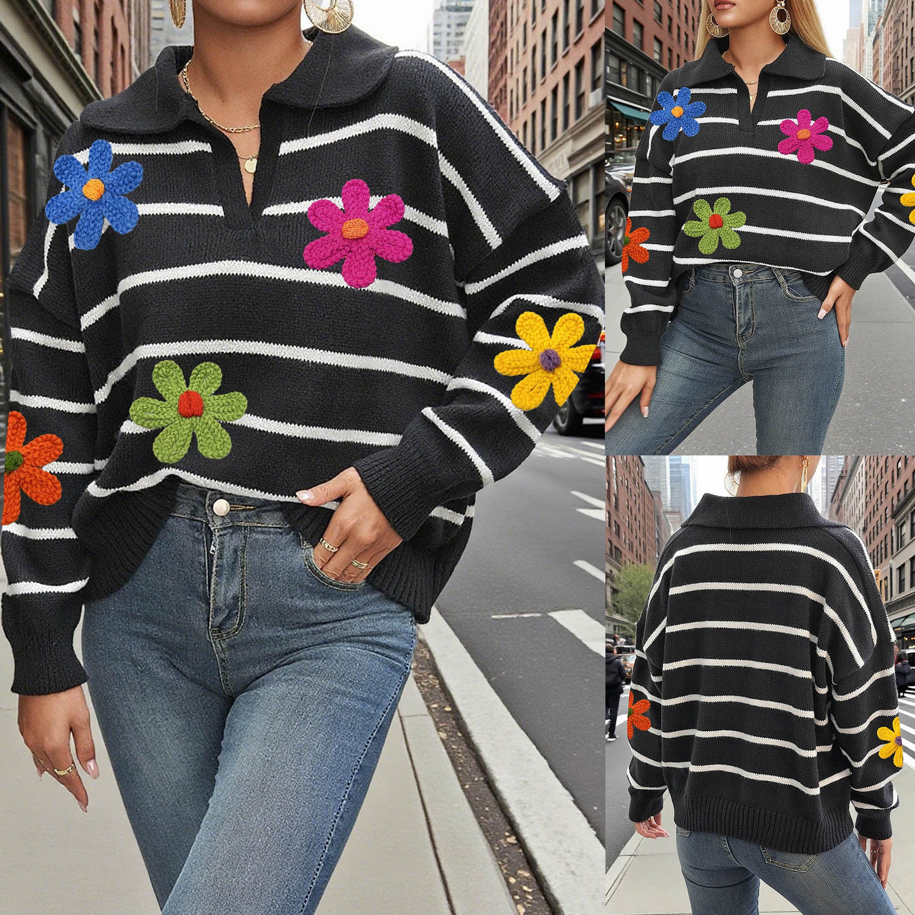 Women striped embroidered flower Patchwork Polo neck sweater