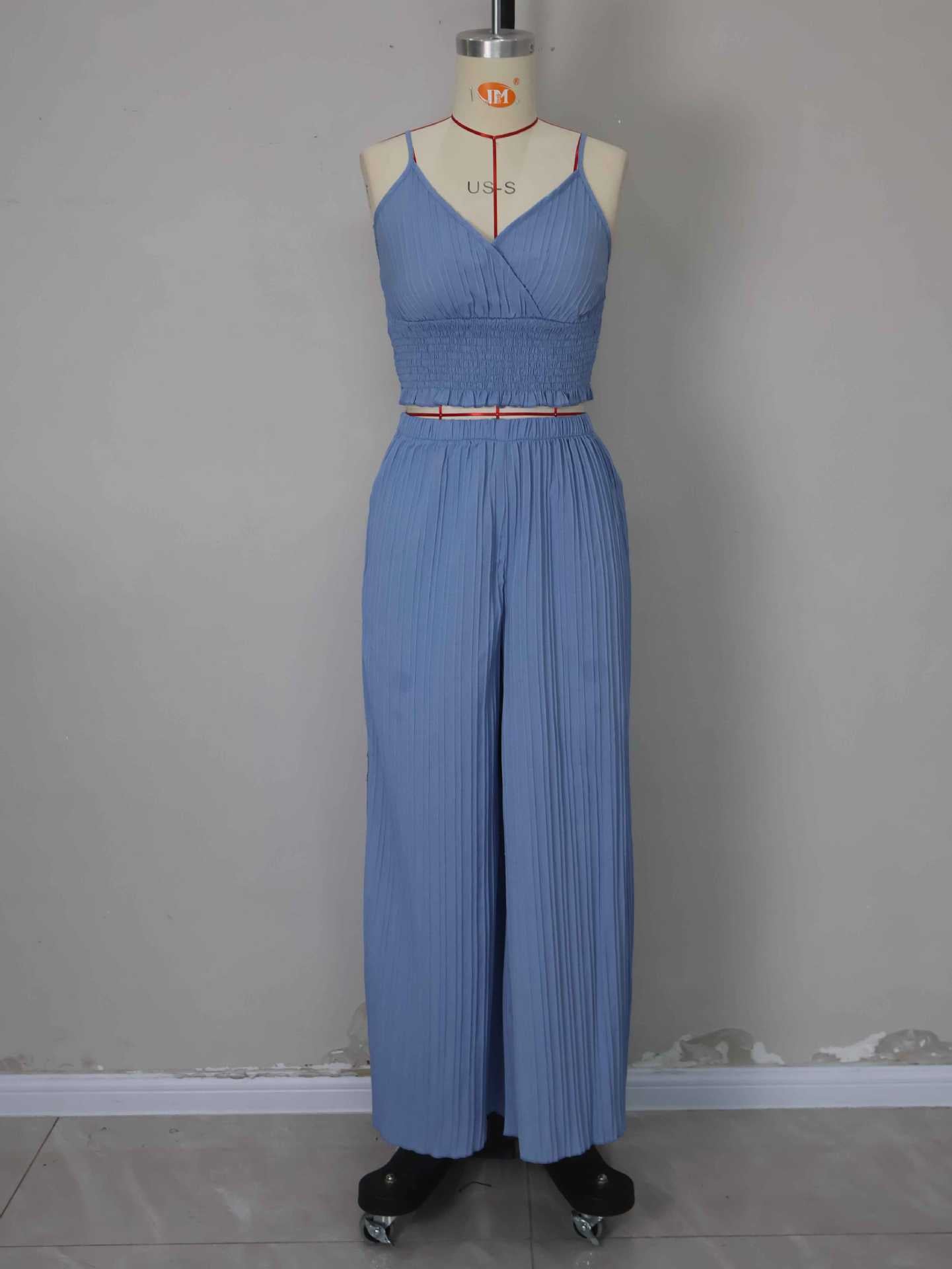 Women's Solid Color Straps Vest Straight Slit Casual Pants Summer Two-Piece Set 7