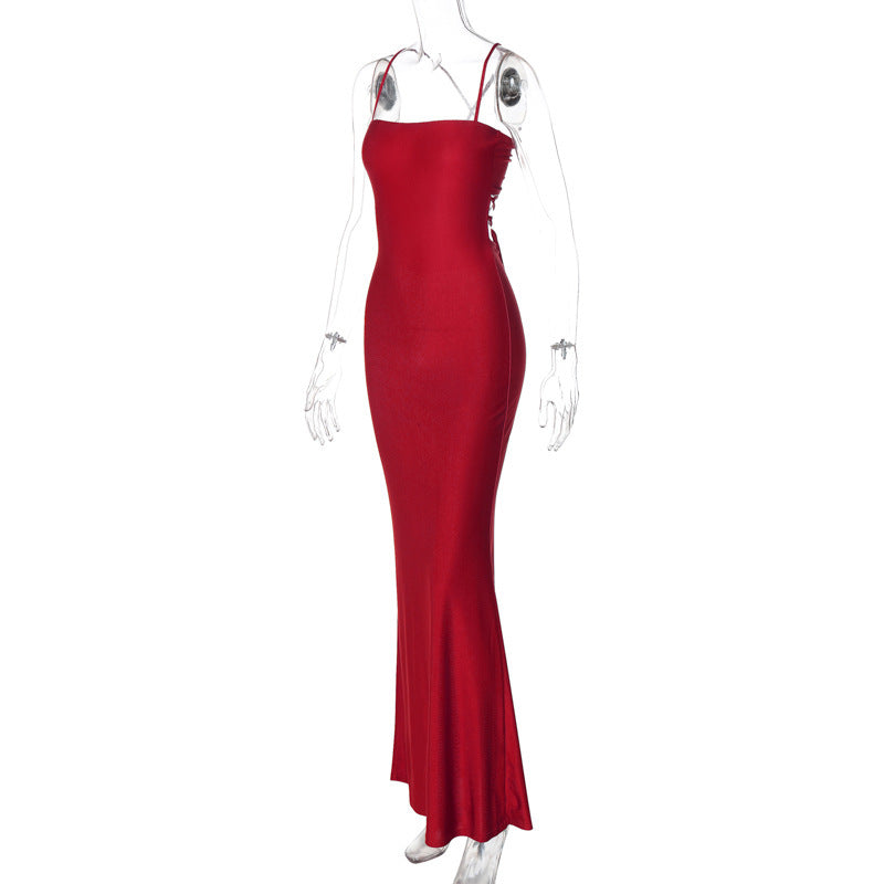 Women's Spring Solid Color Strap Low-Back Lace-Up Slim Long Dress 13