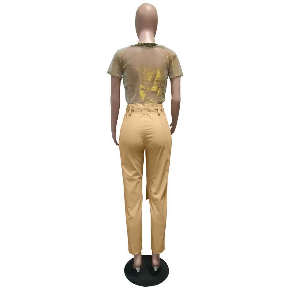 Women's Fitted Solid Color High Waist Pants With Belt 12