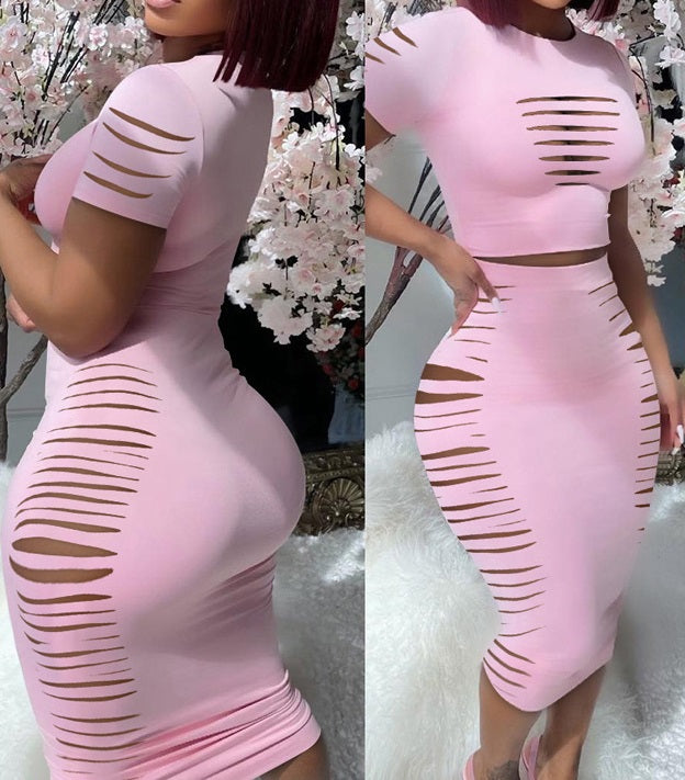 Women's Print Short Sleeve Top Tight Fitting Midi Skirt Two Piece Set 3