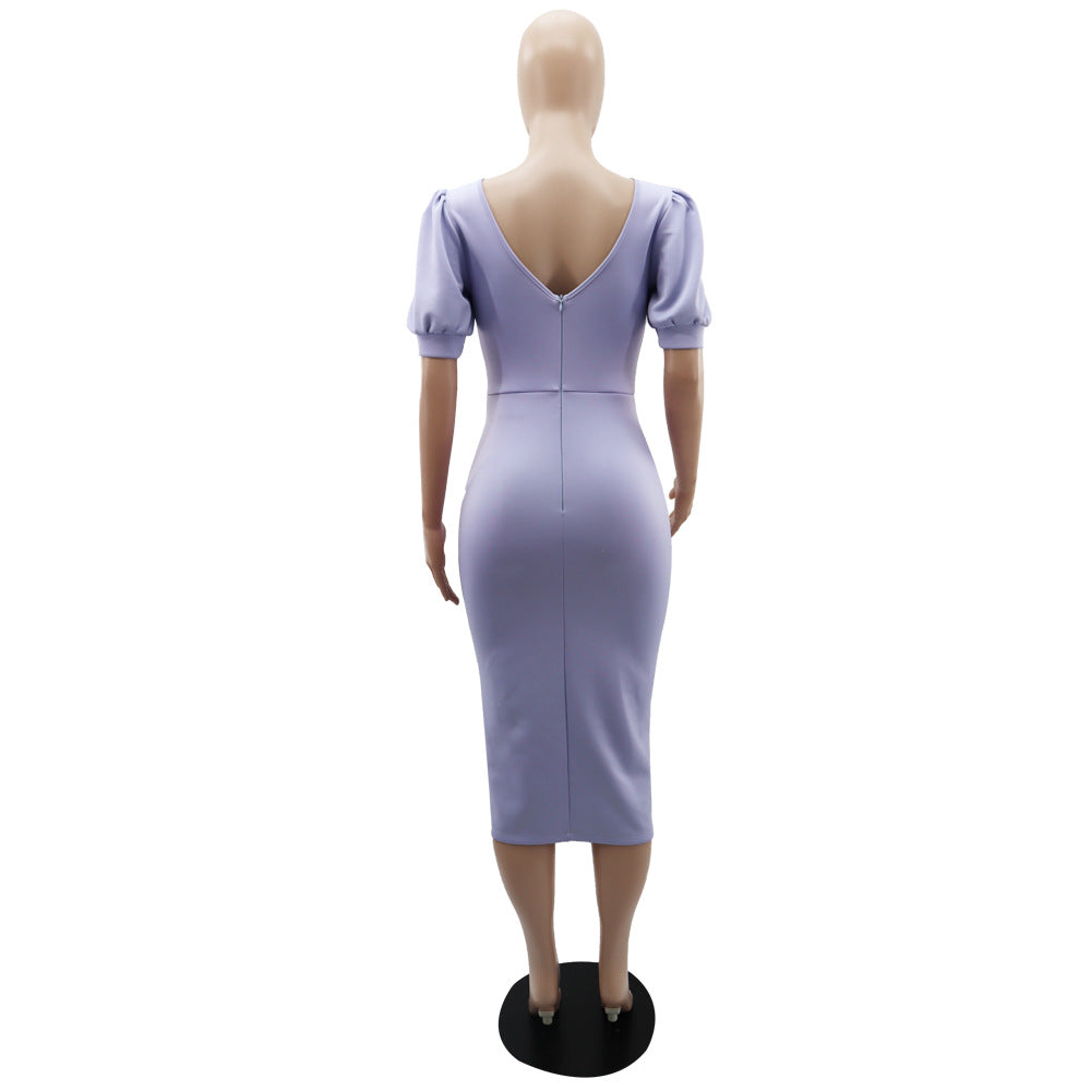 Chic Puff Sleeve Chic Low Back Party Fit Slit Gown Dress 15