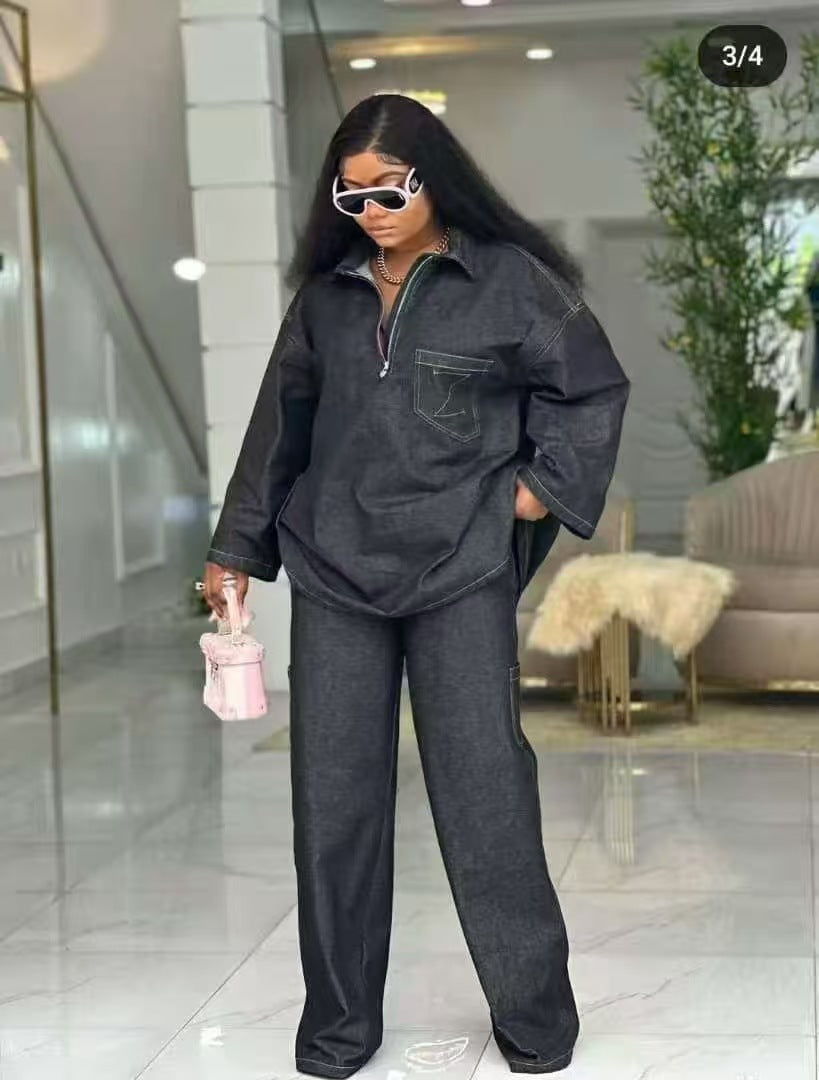 Women Autumn Denim Long-Sleeved Embroidered Turndown Collar Top and Two-Piece Pants Set 3