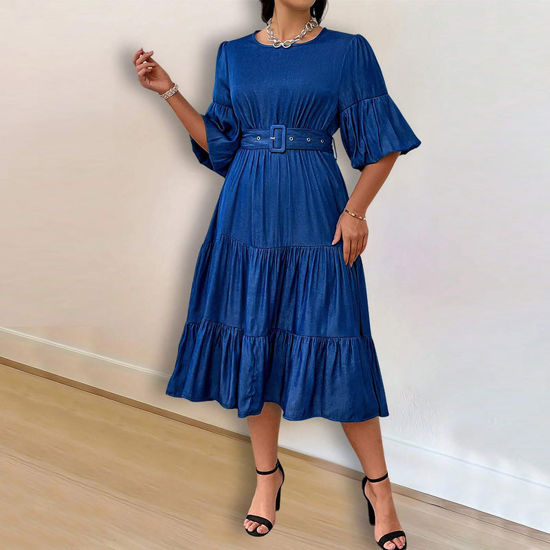 Women's Puff Sleeve Round Neck Fashion Denim Dress 5