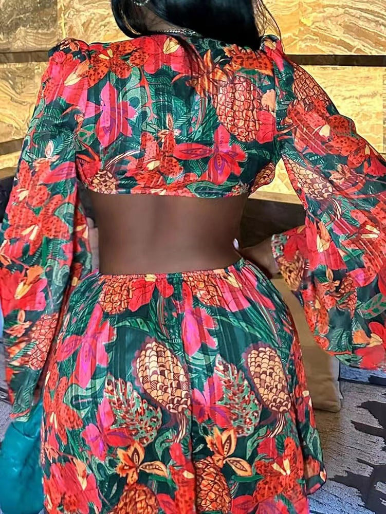 Women's Spring Summer Floral Deep V Bell Bottom Sleeve Tied Crop Top Short Skirt Two-Piece Set 6