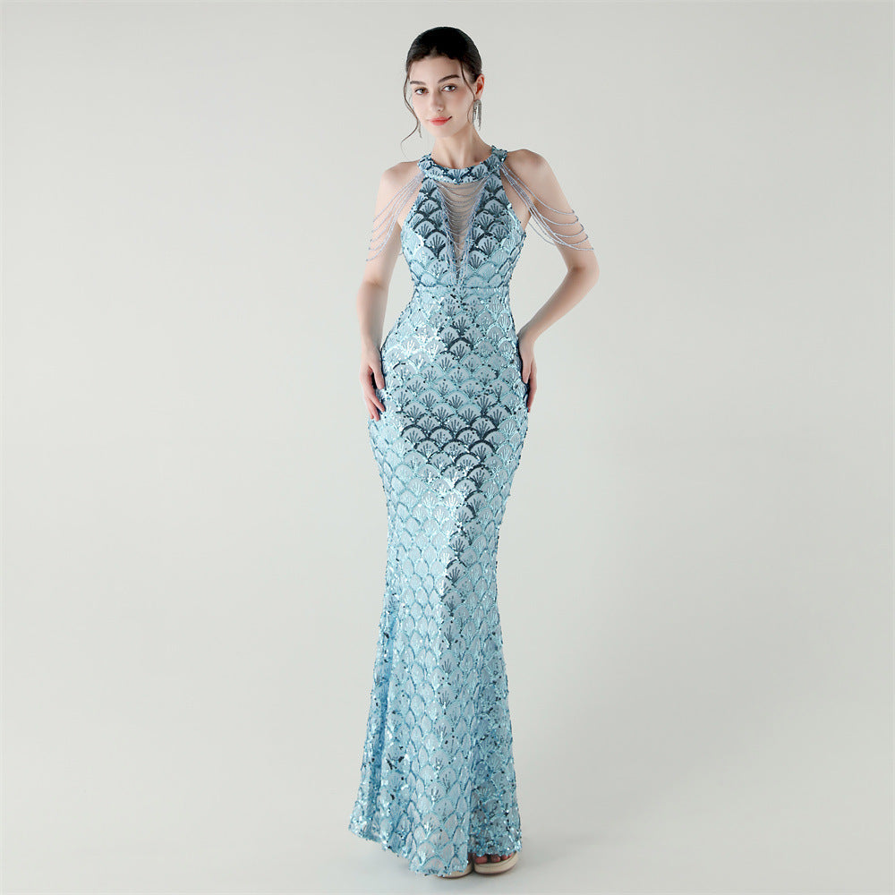 Round Neck Hollow Chain Fishtail Sequin Dress Luxury Formal Party Gown 12