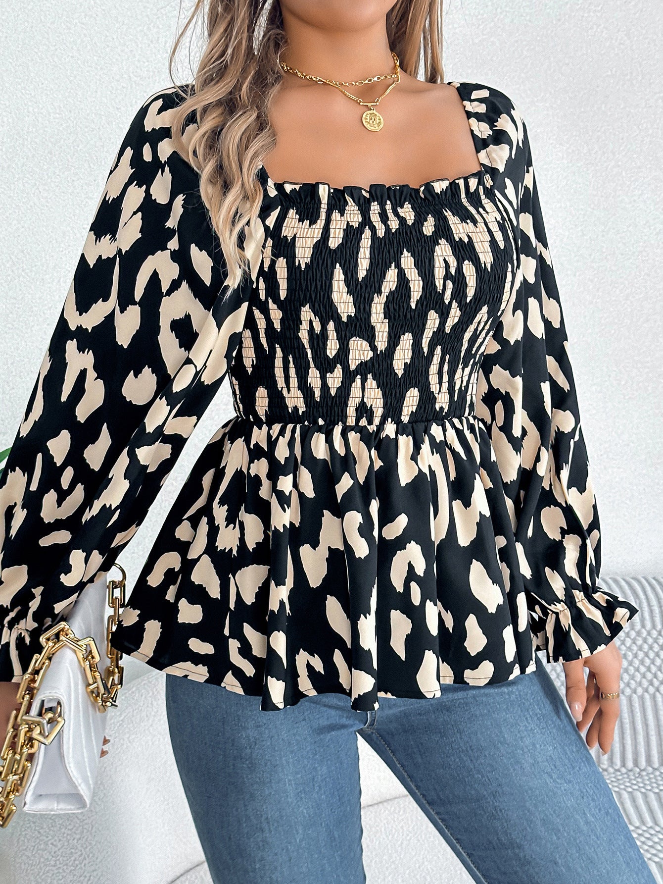 Women Casual Ruffle Edge Square Neck Leopard Print Long Sleeve Top 7