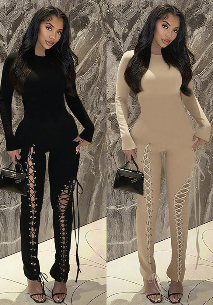 Women Fall/Winter Long-Sleeved Sexy Cutout Lace-Up Jumpsuit