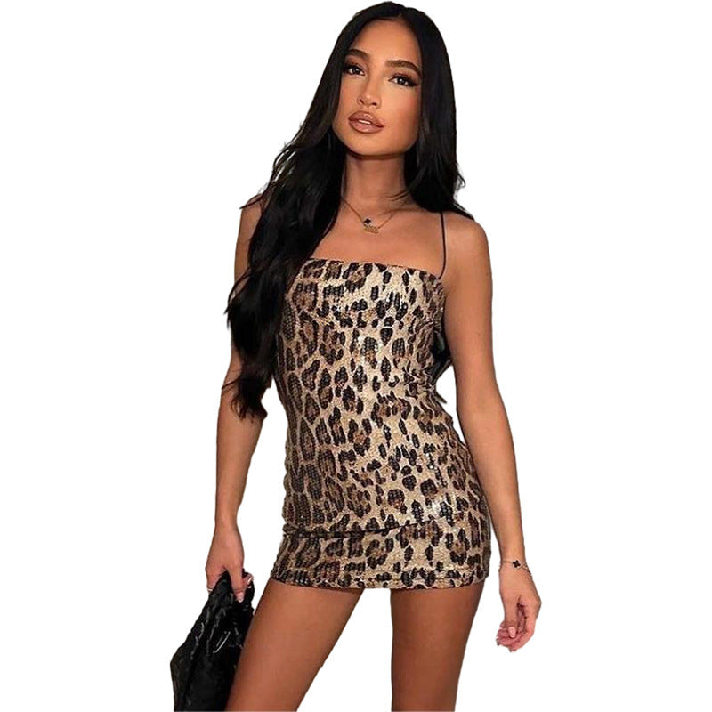 Spring women's clothing fashion sequin leopard straps Bodycon Dress 7