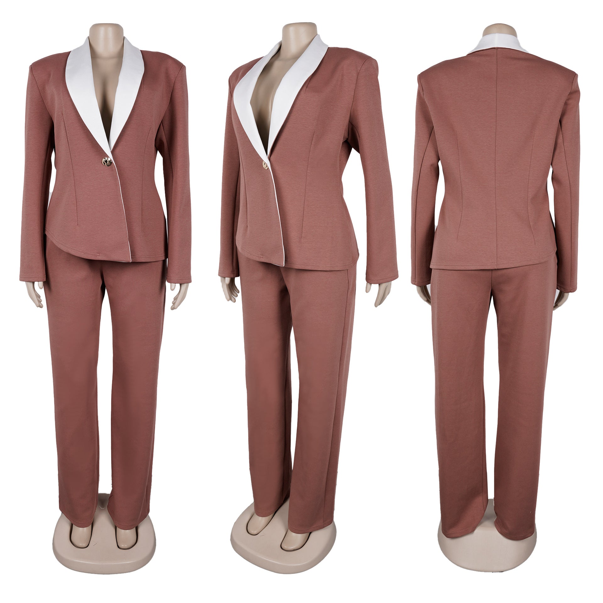Women's Elegant Career Color-Blocking Turndown Collar Casual Suit Two-Piece Set 41