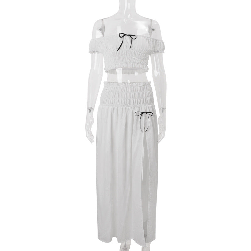 Women summer new sexy Chic Holidays Off Shoulder pleated top slit skirt set 6