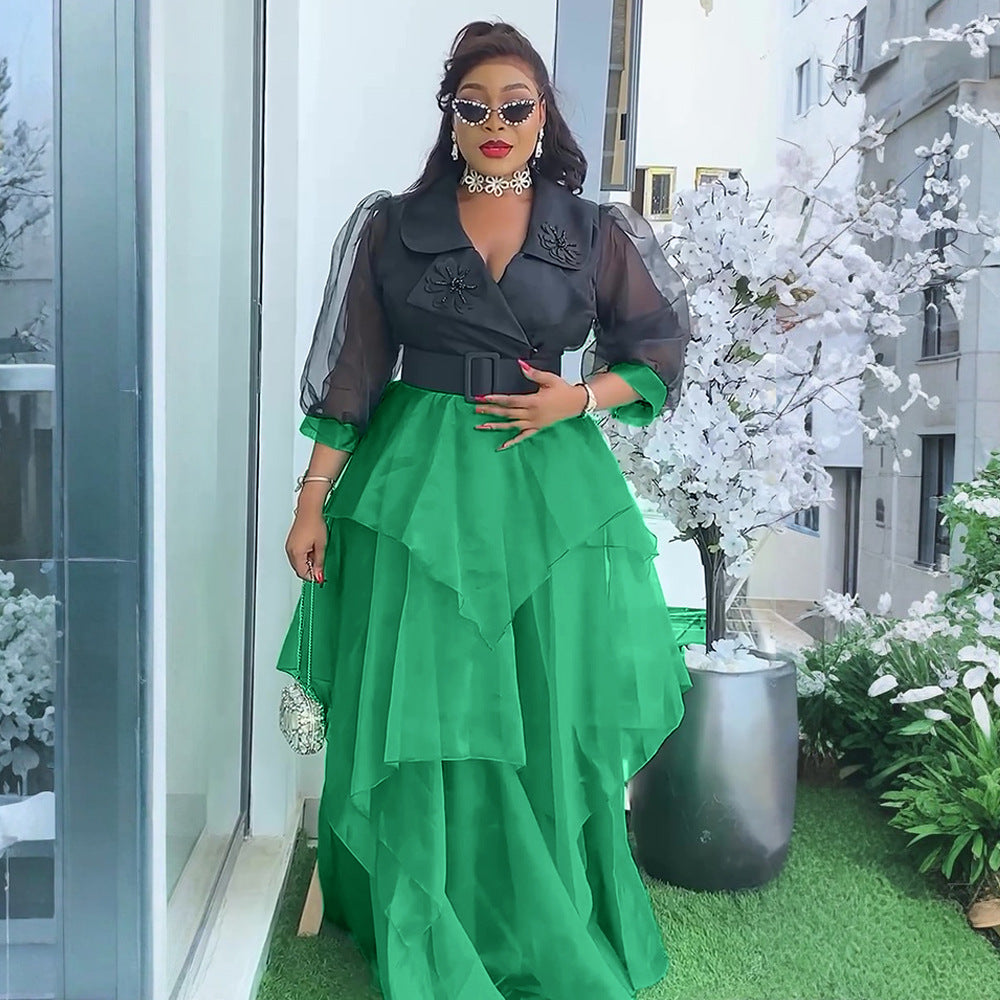 African Plus Size Women's Elegant Color Block Long Dress