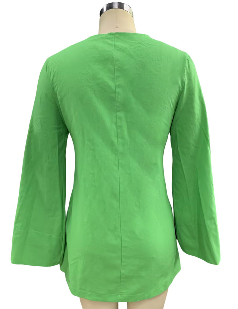 Ladies Fashion Chic Bell Bottom Sleeve V Neck Linen Dress 24