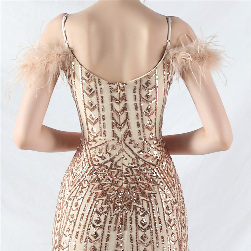 Strap V-Neck Feather Formal Party Evening Dress 38