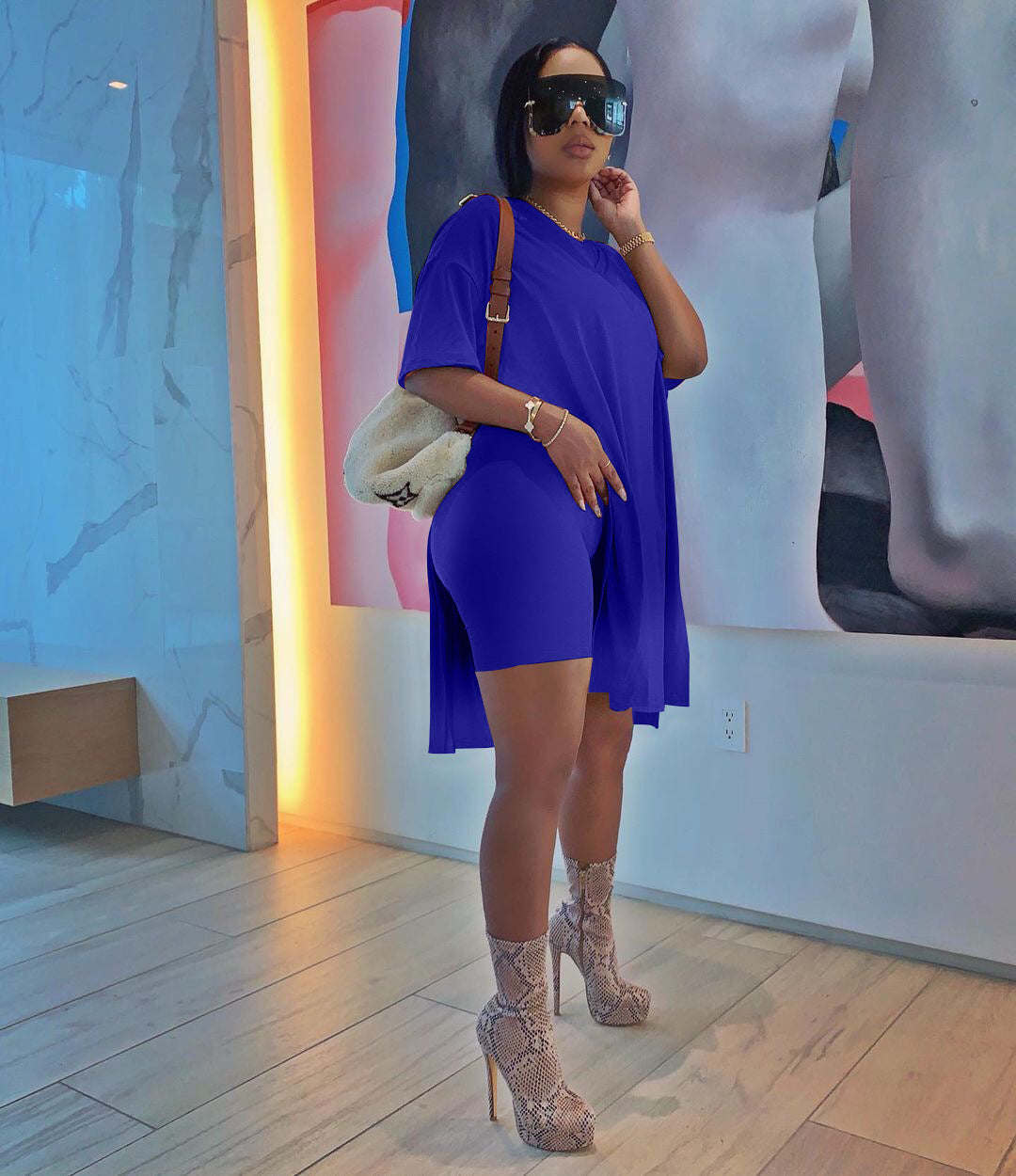 Women Summer Solid Slit Short Sleeve Top and Shorts Two-piece Set 13