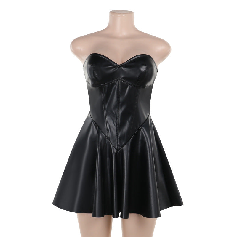 Women Summer Sexy Leather Strapless Bodycon Dress 10