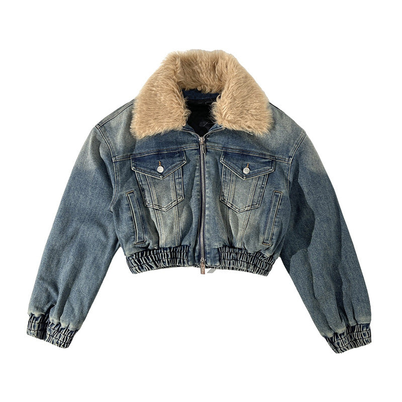 Women's Winter Removable Fur Collar Zipper Short Denim Jacket 7