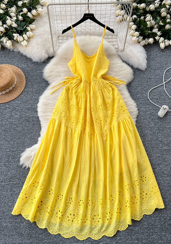 Women Summer Lace-Up Cutout Embroidery Holidays Strappy Dress
