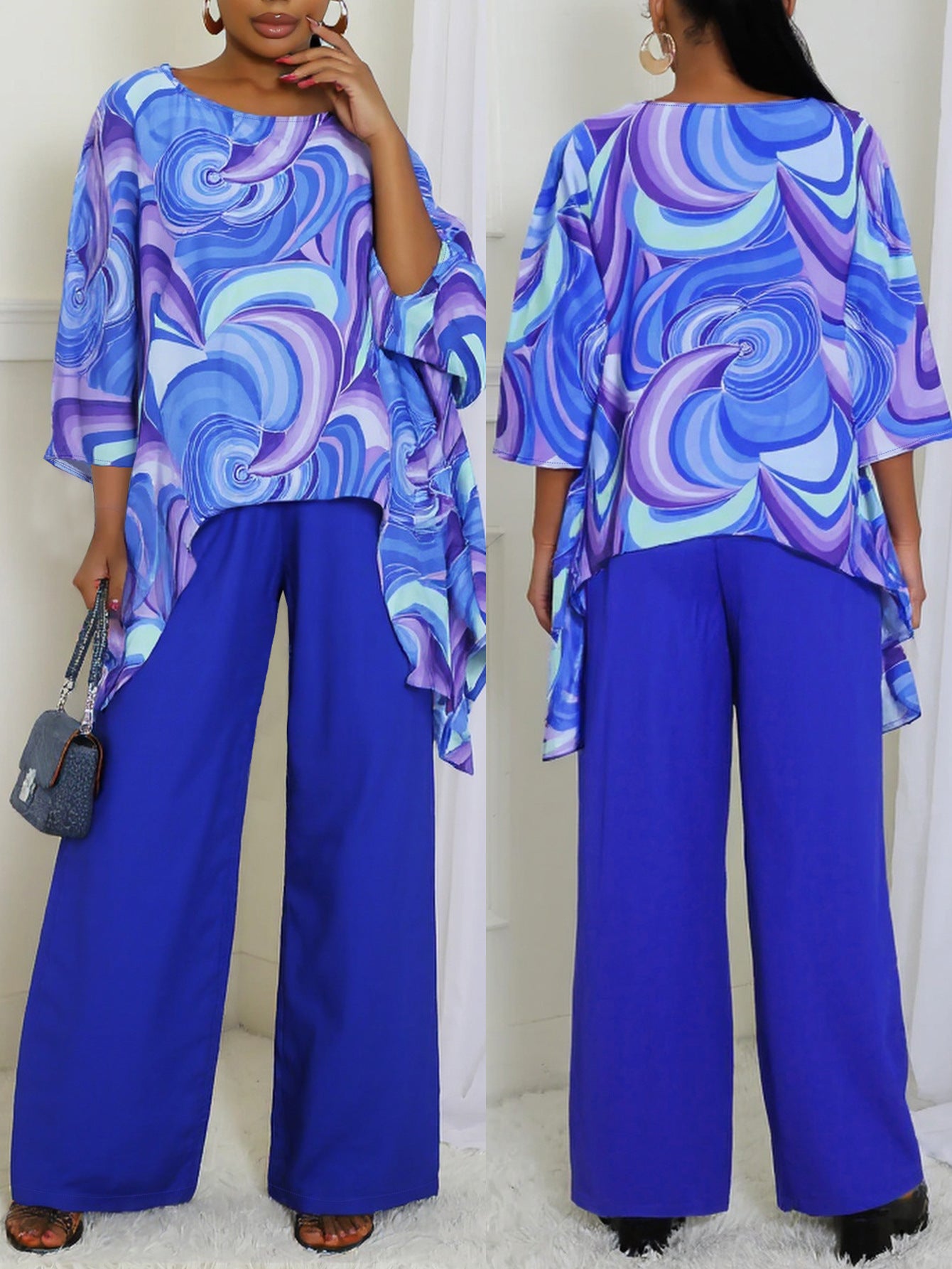 Women Elegant Round Neck Long Sleeve Top and Pants Two-piece Set