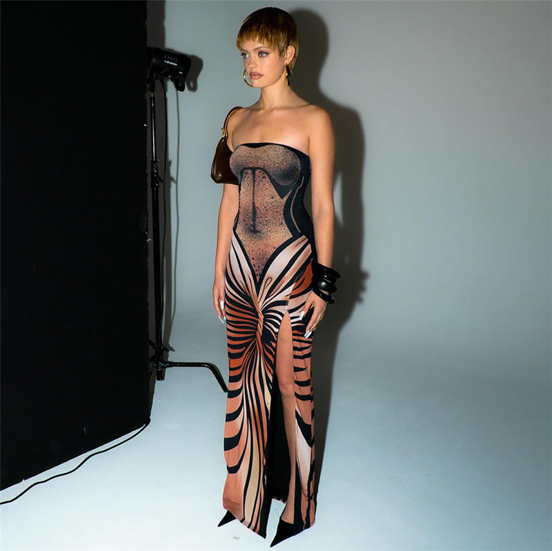 Women sexy Strapless Backless Print Maxi Dress 15