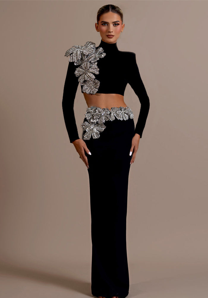 Fashionable Diamond Bandage Skirt Suit Long Sleeve Half High Collar Short Top Long Skirt Women Two-Piece Set