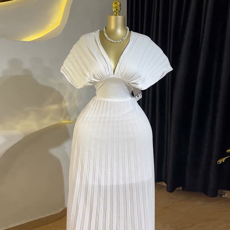Women Spring Elegant Pleated V-Neck Bat Sleeves Dress 4