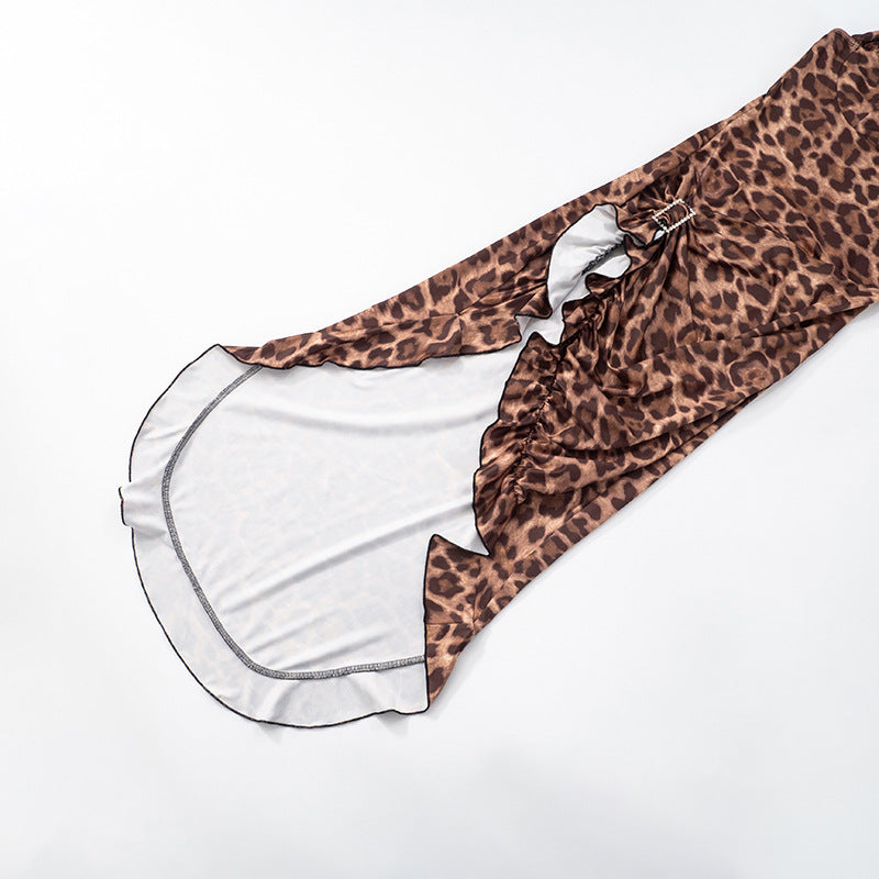 Summer Women's Sexy Low Back Halter Neck Lace-up Asymmetric Leopard Dress 24