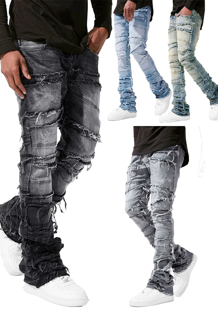 Street Fashion Men's Straight Leg Elastic Patch Denim Pants