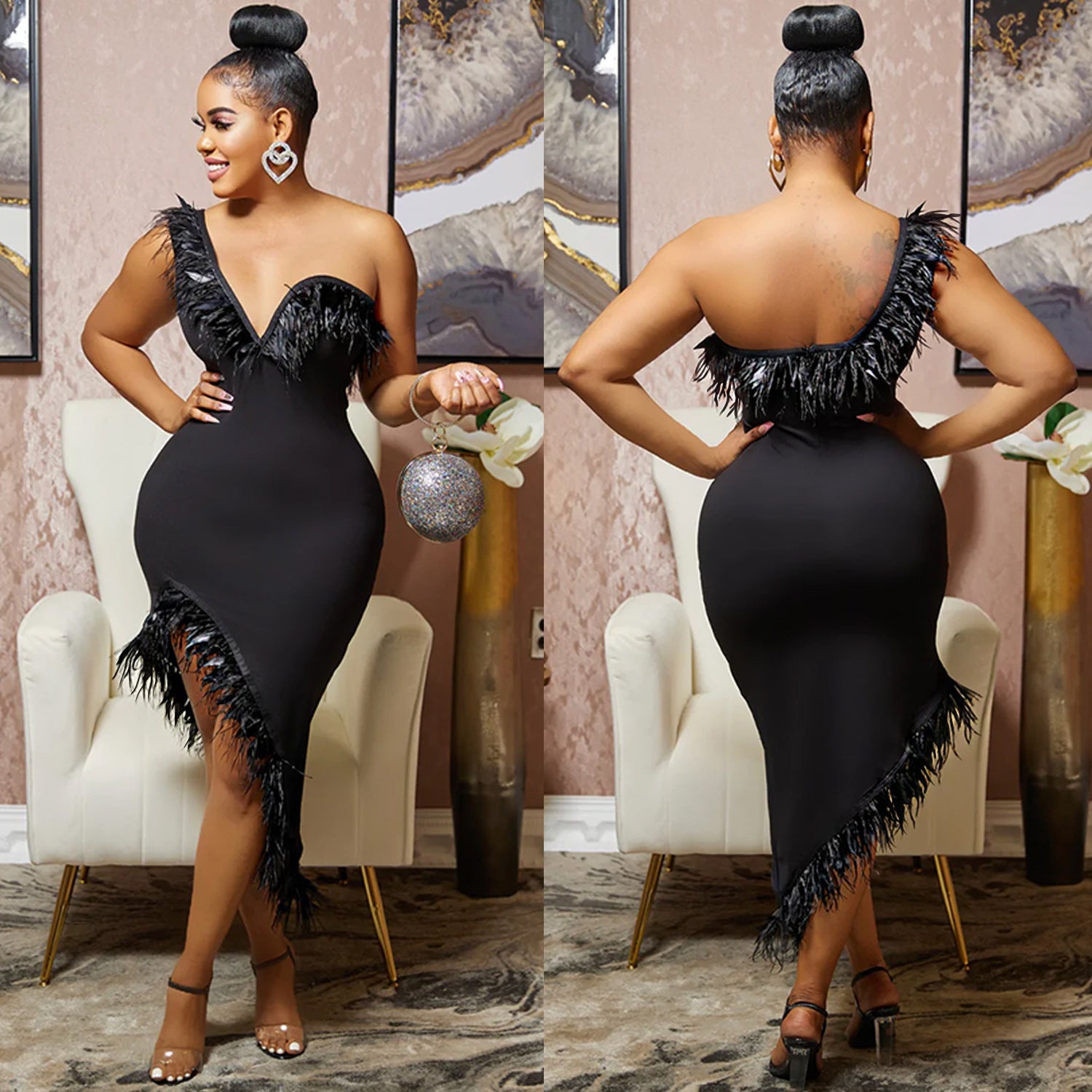 Solid color V-neck sleeveless feather irregular skirt dress 7